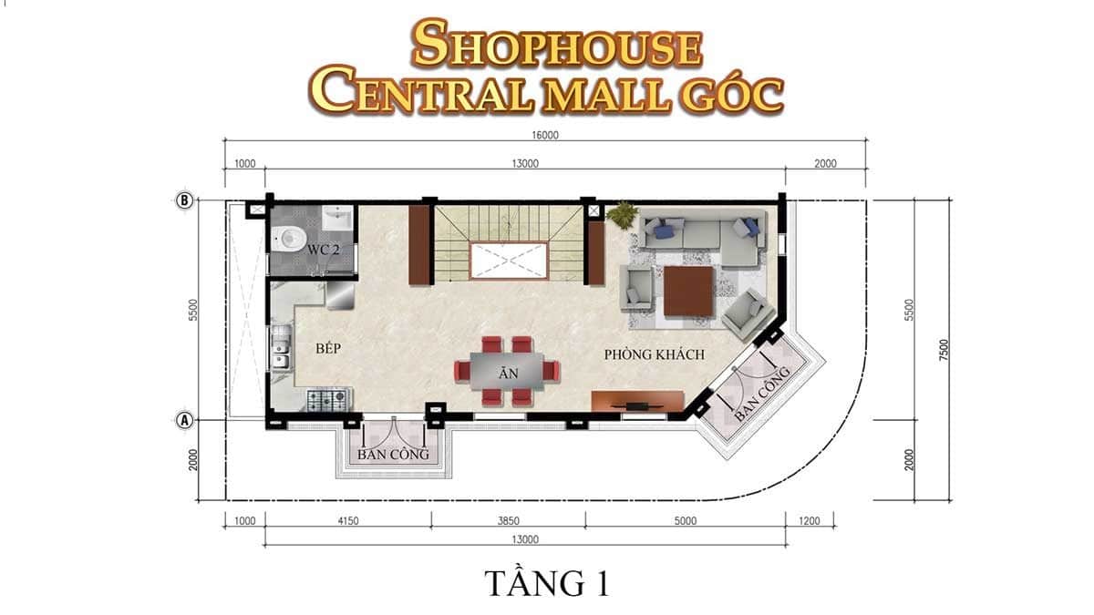 thiet ke tang 1 shophouse central mall goc - DỰ ÁN THẮNG LỢI CENTRAL HILL BẾN LỨC LONG AN